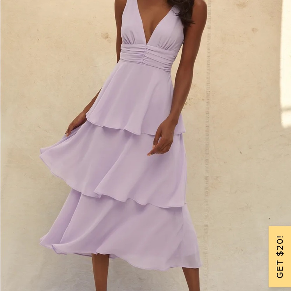 Lulu’s Celebration Time Lavender Sleeveless Tiered Midi Dress
